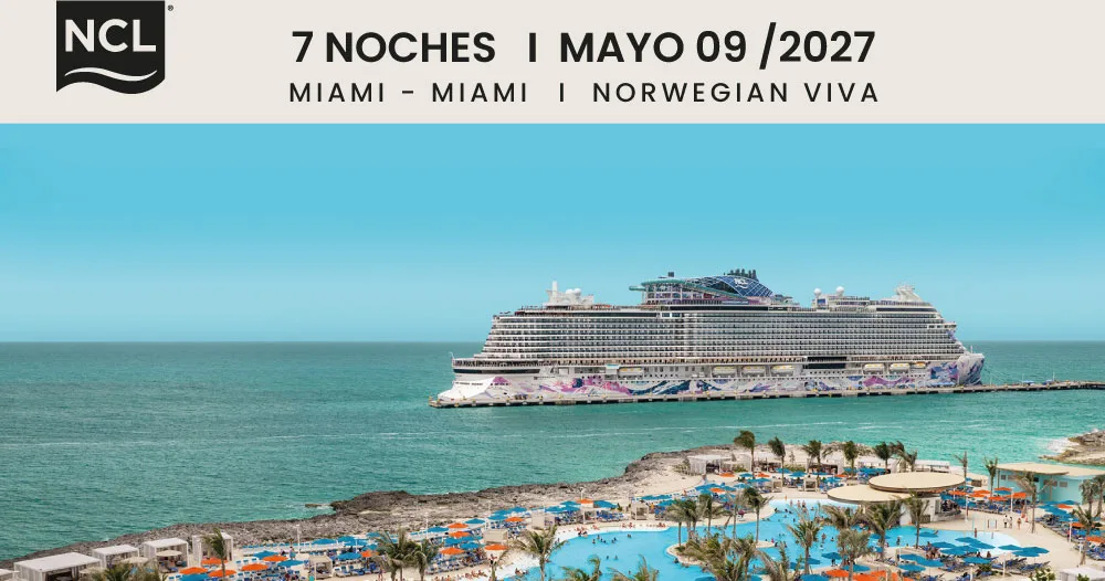 Norwegian Viva de Norwegian Cruise Line navegando frente a un destino tropical en un crucero de 7 noches con salida y regreso a Miami el 09 de mayo de 2027.