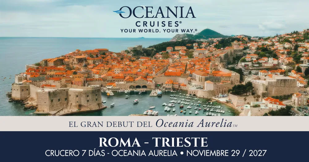 Vista panorámica de Dubrovnik promocionando el debut del crucero Oceania Aurelia en itinerario de 7 días desde Roma hasta Trieste en noviembre de 2027.