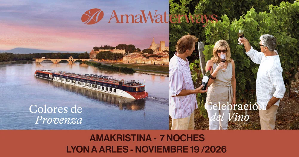 Crucero fluvial AmaKristina de AmaWaterways navegando por la Provenza y experiencia de cata de vinos durante un itinerario de 7 noches desde Lyon hasta Arlés en noviembre de 2026.