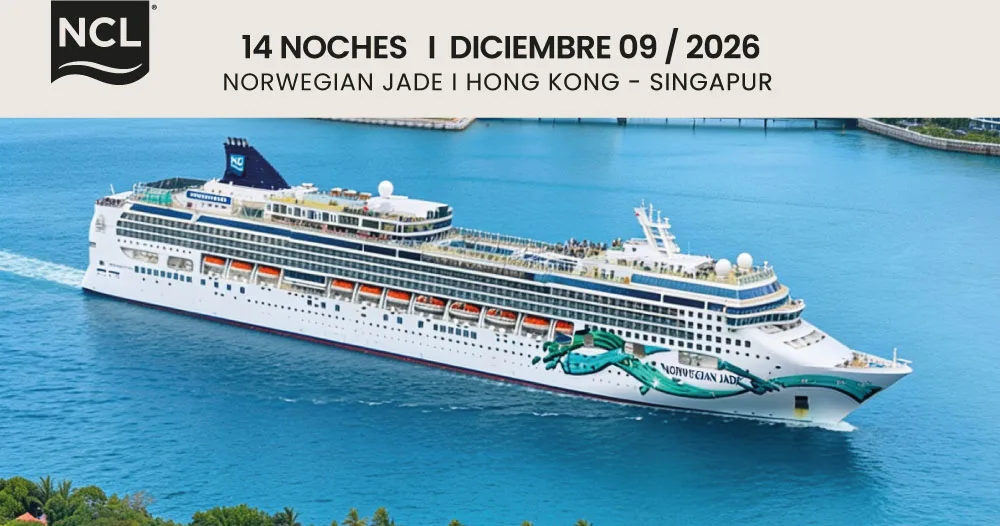 Crucero Norwegian Jade de Norwegian Cruise Line navegando en aguas turquesas durante un itinerario de 14 noches desde Hong Kong hasta Singapur en diciembre de 2026.
