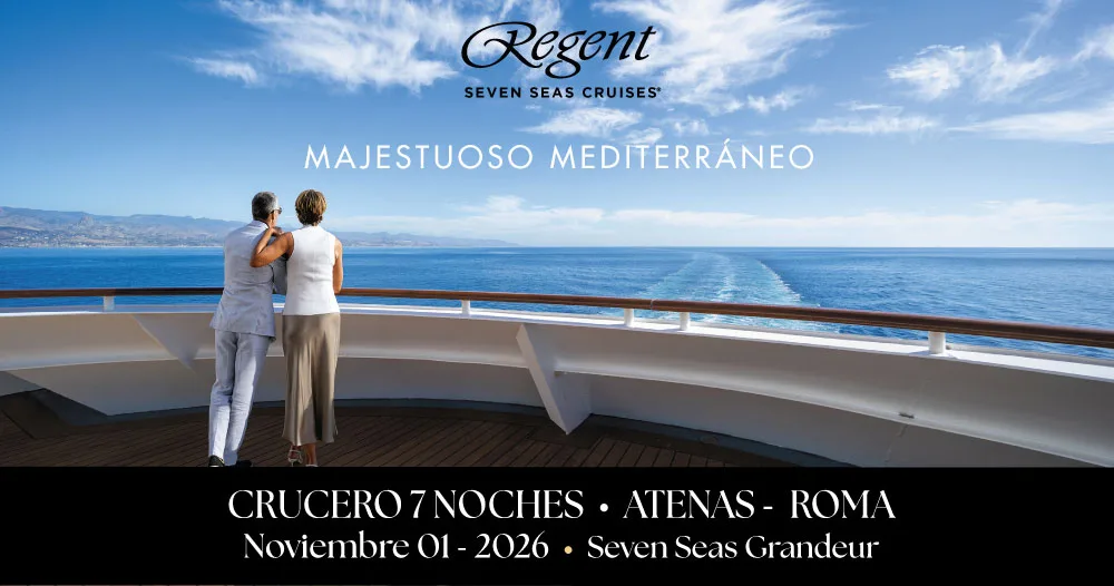 Crucero Regent Seven Seas Grandeur por el Mediterráneo de Atenas a Roma, 7 noches con salida el 1 de noviembre de 2026 y experiencia de lujo todo incluido.