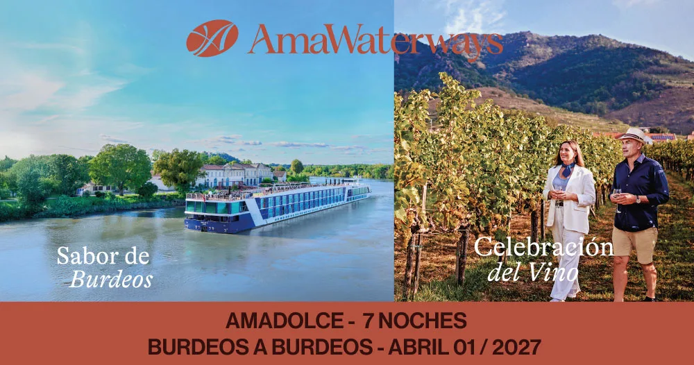 Crucero fluvial AmaDolce de AmaWaterways navegando por Burdeos junto a una experiencia de cata de vinos en viñedos durante un itinerario de 7 noches con salida y regreso a Burdeos en abril de 2027.