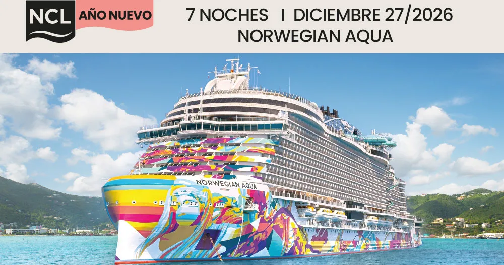 Norwegian Aqua de Norwegian Cruise Line navegando por el Caribe durante el crucero de Año Nuevo de 7 noches con salida el 27 de diciembre de 2026.