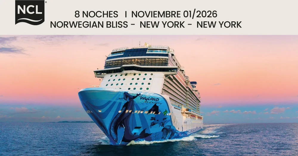 Norwegian Bliss de Norwegian Cruise Line navegando durante un crucero de 8 noches con salida y regreso a Nueva York hacia las Bahamas en noviembre de 2026.