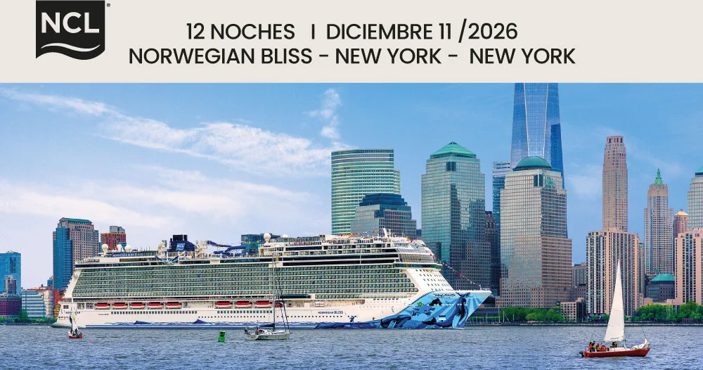 Norwegian Bliss de Norwegian Cruise Line navegando frente al skyline de Nueva York durante un crucero de 12 noches con salida y regreso a Nueva York en diciembre de 2026.