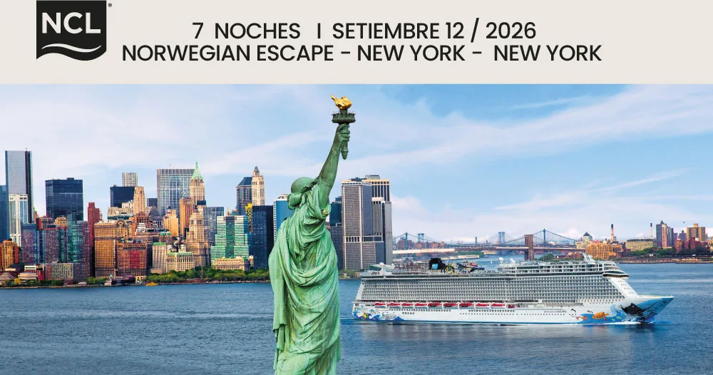 Norwegian Escape de Norwegian Cruise Line navegando frente a la Estatua de la Libertad y el skyline de Nueva York durante un crucero de 7 noches con salida y regreso a Nueva York en septiembre de 2026.