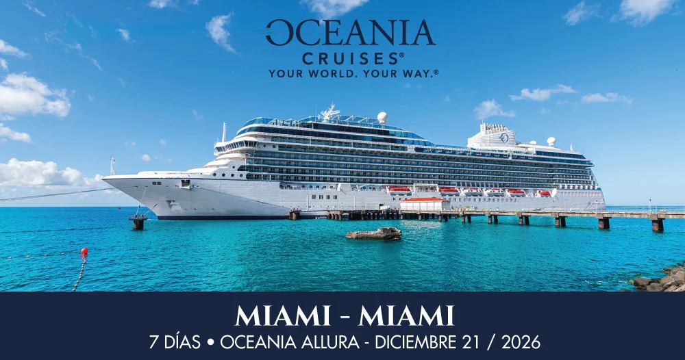 Oceania Allura de Oceania Cruises atracado en Miami para un crucero de 7 días con salida y regreso a Miami el 21 de diciembre de 2026.