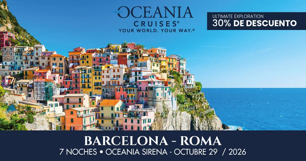 Vista panorámica de Manarola, Cinque Terre, Italia, promocionando el crucero de 7 noches de Barcelona a Roma a bordo del Oceania Sirena con salida el 29 de octubre de 2026.