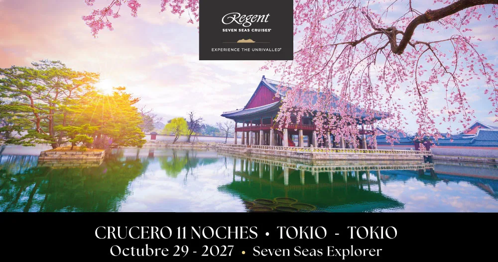 Templo tradicional japonés rodeado de cerezos en flor, promocionando un crucero de 11 noches a bordo del Seven Seas Explorer desde Tokio y regreso a Tokio en octubre de 2027.