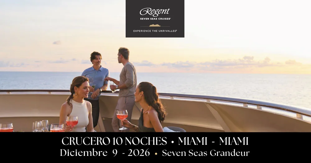 Pasajeros disfrutando de una experiencia gastronómica al atardecer a bordo del Seven Seas Grandeur de Regent Seven Seas Cruises durante un crucero de 10 noches desde Miami en diciembre de 2026.