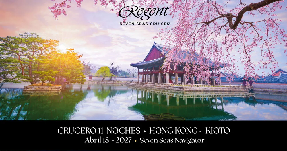 Crucero Seven Seas Navigator de Regent Seven Seas Cruises desde Hong Kong hasta Kioto en un itinerario de 11 noches con salida el 18 de abril de 2027, representado por un templo japonés rodeado de cerezos en flor.