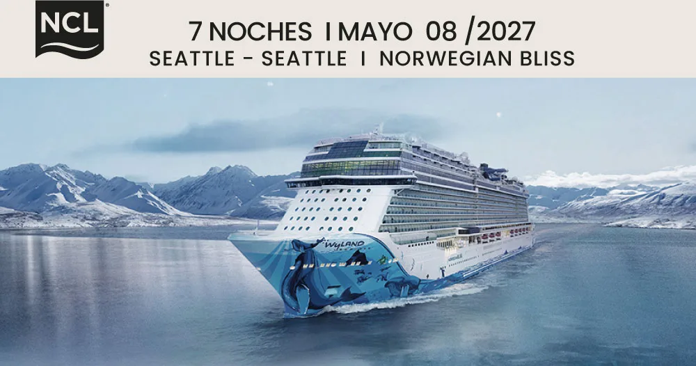 Norwegian Bliss navegando entre paisajes montañosos y aguas de Alaska durante un crucero de 7 noches con salida y regreso a Seattle el 8 de mayo de 2027.