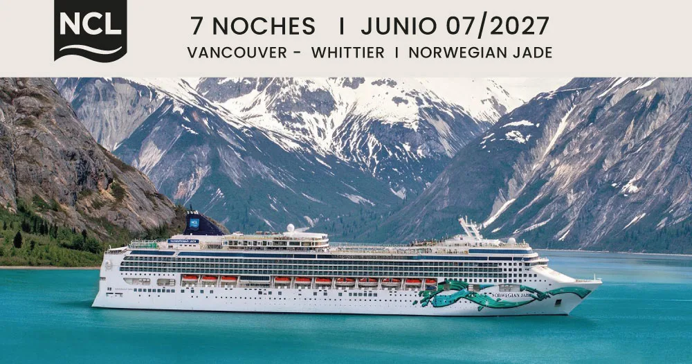 Norwegian Jade navegando entre montañas nevadas y aguas turquesas de Alaska durante un crucero de 7 noches desde Vancouver hasta Whittier en junio de 2027.