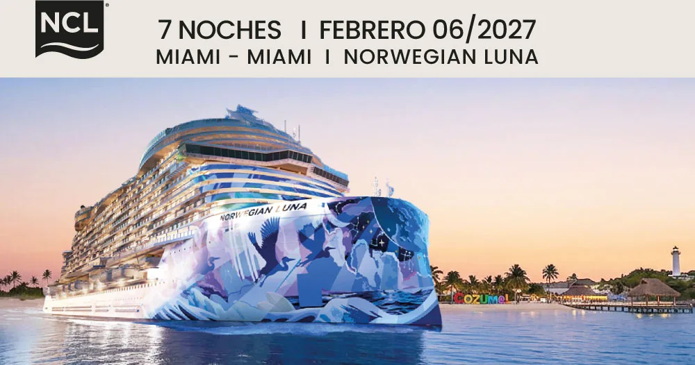 Norwegian Luna de Norwegian Cruise Line navegando por el Caribe durante un crucero de 7 noches con salida y regreso a Miami el 6 de febrero de 2027.
