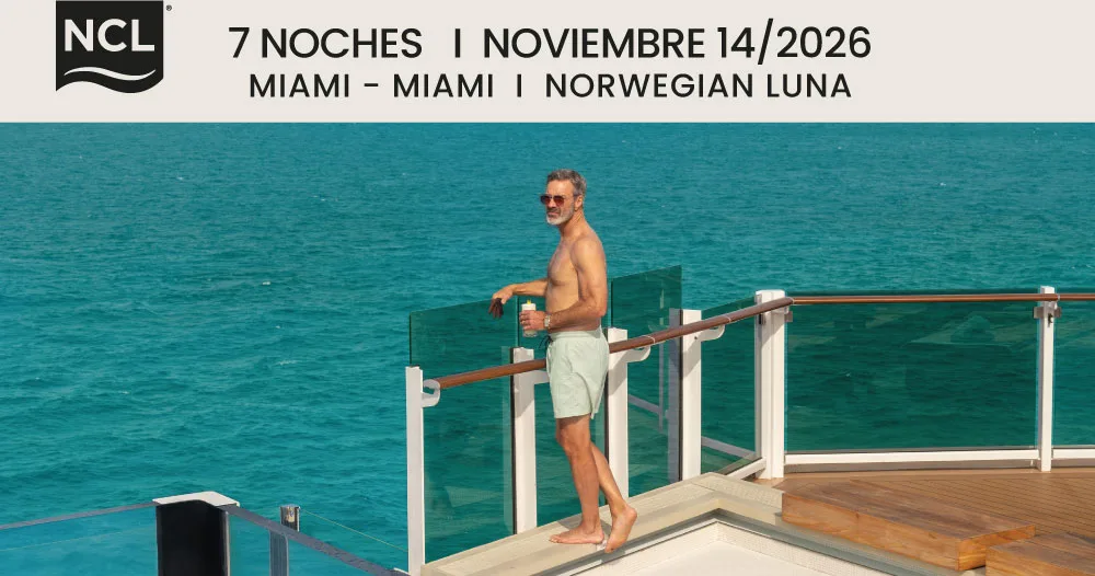 Viajero disfrutando de la vista al mar desde la cubierta del Norwegian Luna durante un crucero de 7 noches con salida y regreso a Miami el 14 de noviembre de 2026.