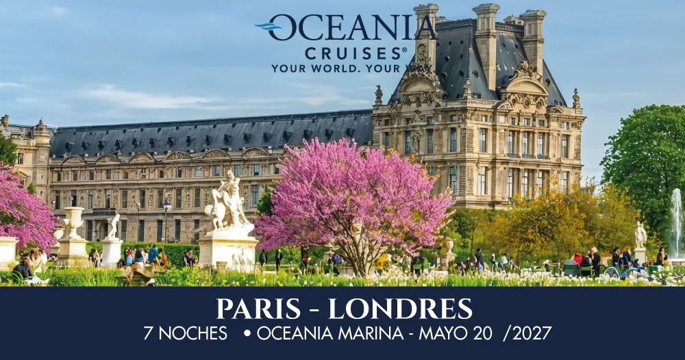Museo del Louvre y jardines en París con árboles en flor, imagen promocional de un crucero de 7 noches a bordo del Oceania Marina desde París hasta Londres en mayo de 2027.
