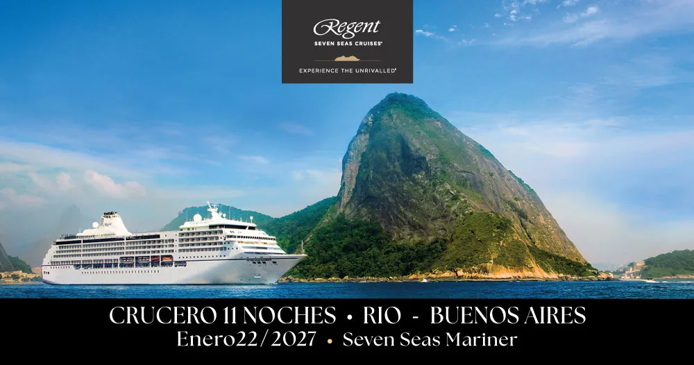 Seven Seas Mariner navegando frente al Pan de Azúcar en Río de Janeiro durante un crucero de 11 noches desde Río de Janeiro hasta Buenos Aires en enero de 2027.