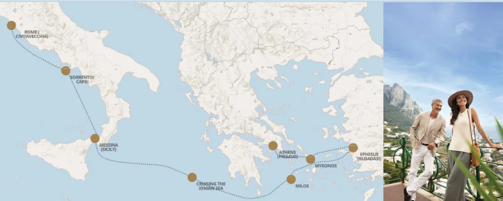 Seven Seas Prestige de Atenas a Roma (Agosto 5 de 2027)-Mapa