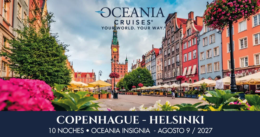 Plaza histórica de Gdansk, Polonia, con edificios coloridos, flores y terrazas al aire libre, promocionando el crucero Copenhague a Helsinki de Oceania Cruises.